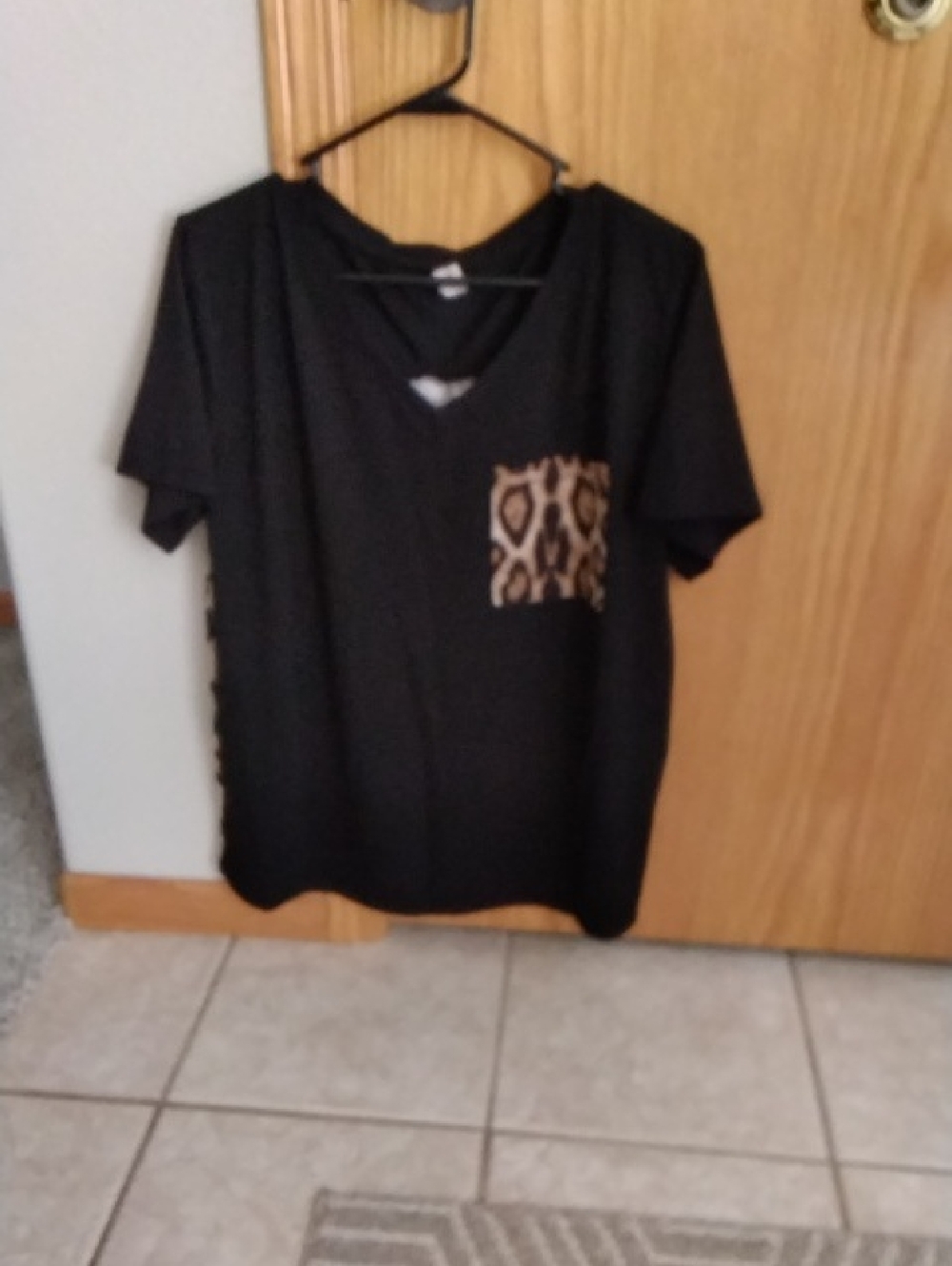 Black V-Neck Tee with Leopard Print Pocket